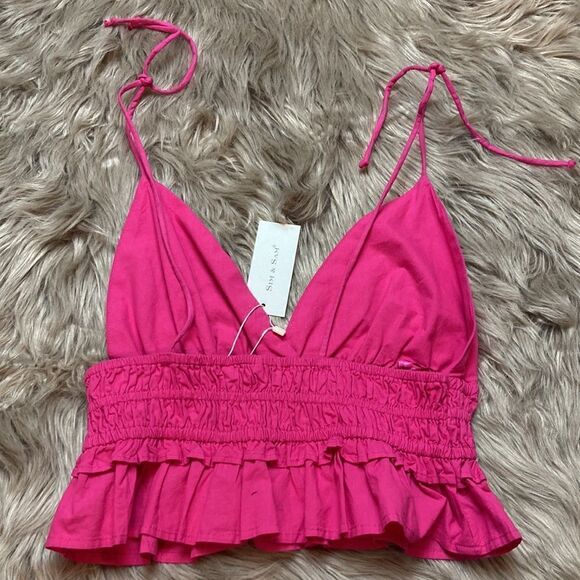 Sim & Sam V-neck Plunge Shoulder Tie Ruffle Crop Cotton Cami Babydoll Tank - Picture 3 of 8